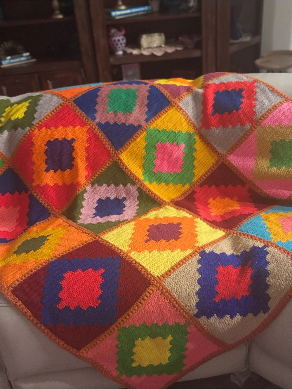 Handmade Crochet Granny Square Throw Blanket 1970s Dopamine Colorblock Afghan